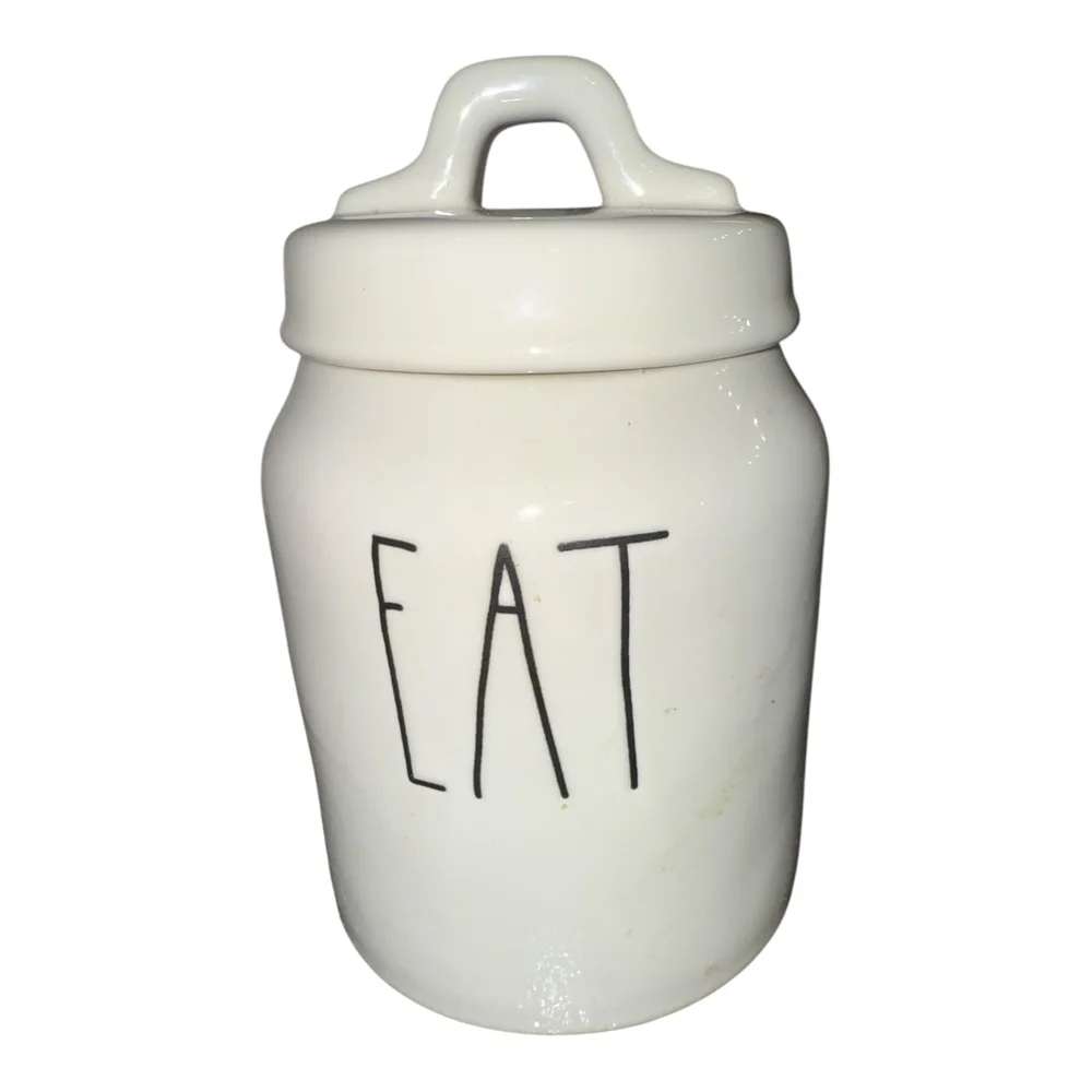 Rae Dunn White Ceramic Kitchen Canister with EAT Design, Food Storage Con